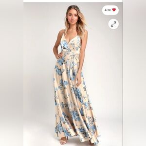 Overjoyed Champagne Satin Floral Print Maxi DressLulus